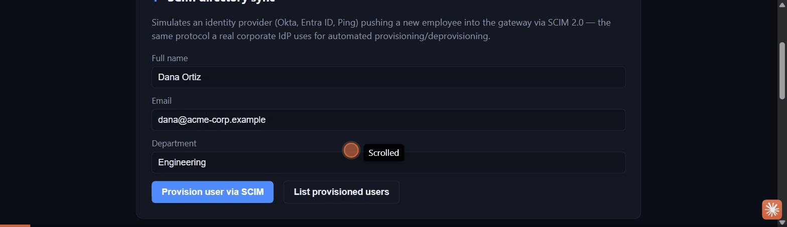 B2B Federation Gateway walkthrough: SCIM-provisioning a user, then calling a protected API from inside and outside the corporate network to show the ABAC policy allow and deny