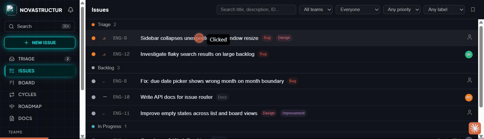 NovaStructur walkthrough: opening an issue's detail view, then switching to the Kanban board