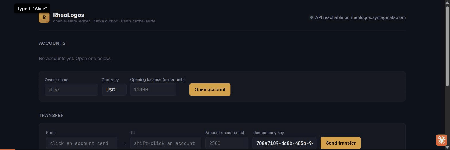 RheoLogos walkthrough: opening accounts, sending a transfer, and watching the Kafka outbox pipeline propagate to Redis